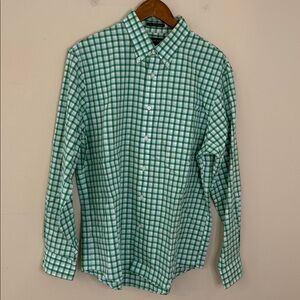 Lands' End Men's No Iron Twill Green Plaid Button Down Shirt 100% cotton SZ LG